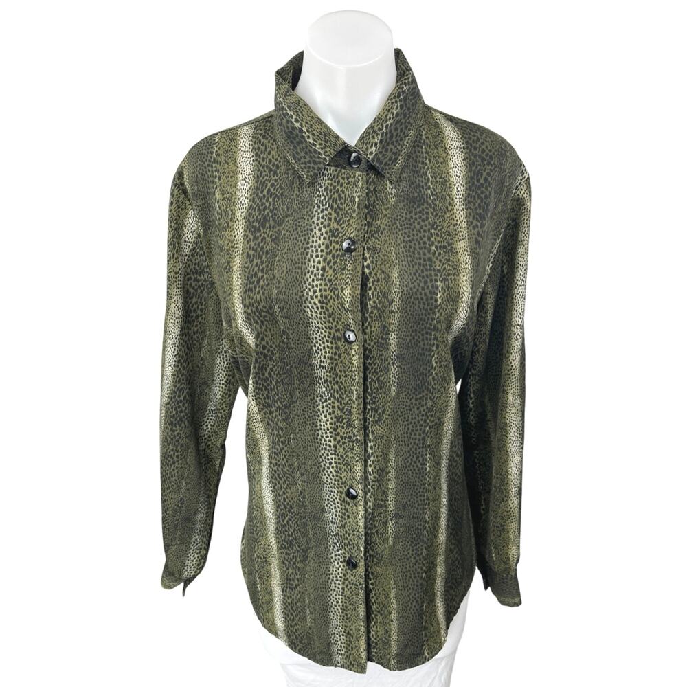 Apparenza Green Reptile Animal Print Long Sleeve Button Down Shirt Blouse Top L